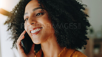 Buy stock photo Woman, smile and phone call in home for contact, communication and connection for gossip. Girl, thinking and tech in living room for social network, friendly conversation and relax in apartment