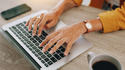 Buy stock photo Typing, laptop and freelancer with hands of woman in home office for copywriter, research and blog article. Client feedback, remote work and closeup of person in apartment for email marketing
