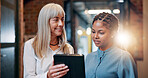 Tablet, teamwork and research with business people in office for advice, partnership and design consultant. Client briefing, project feedback and collaboration with women in creative agency for plan