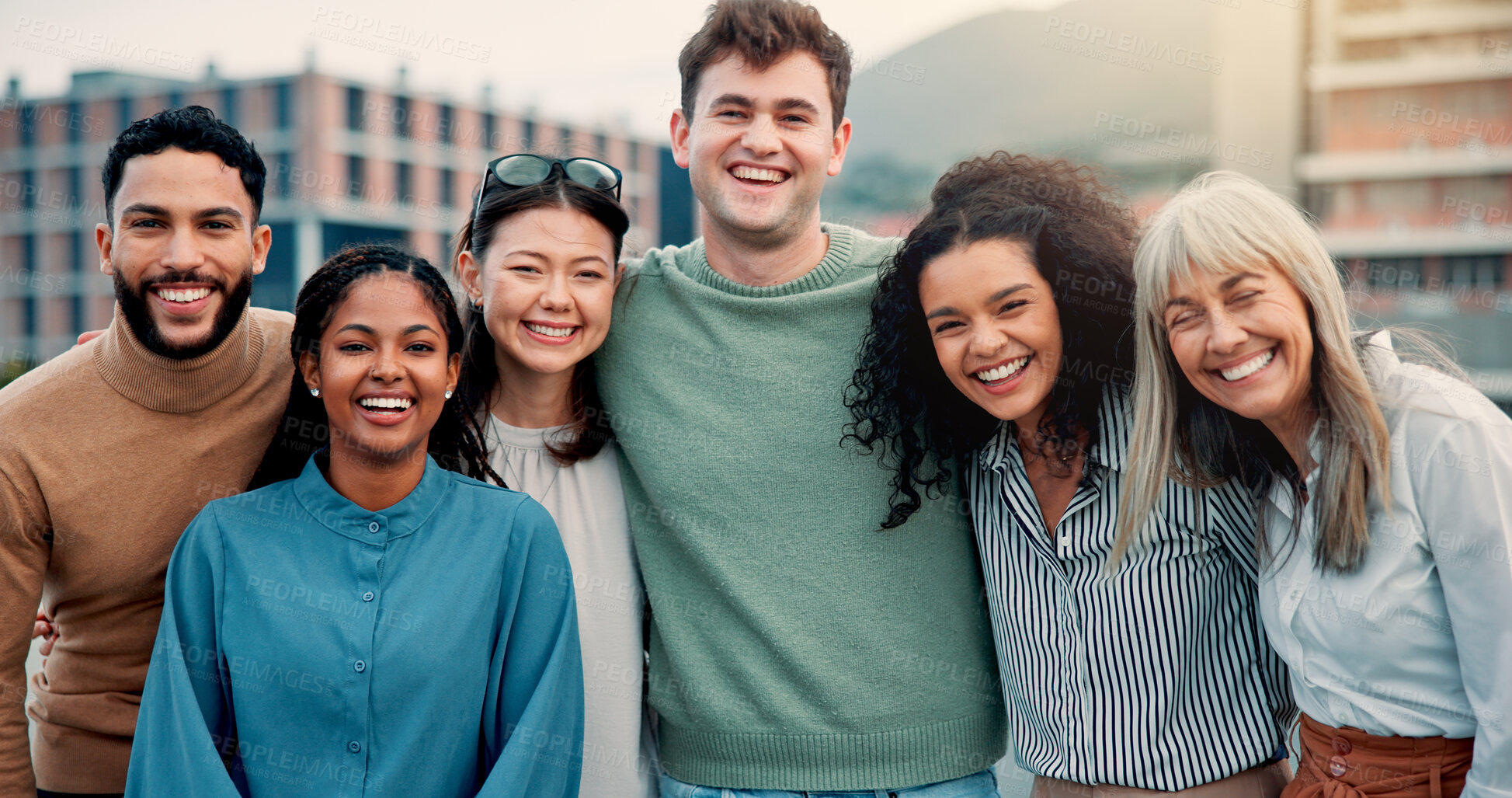 Buy stock photo Hug, portrait and smile of business people in city together for collaboration, unity or solidarity. Creative, friends and rooftop with employee group embracing outdoor in urban town for design career