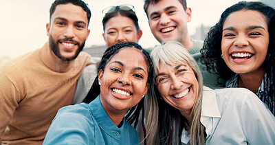 Buy stock photo Memories, selfie and smile of business people in city together for collaboration, unity or solidarity. Creative, friends and social media with employee group outdoor in urban town for design career