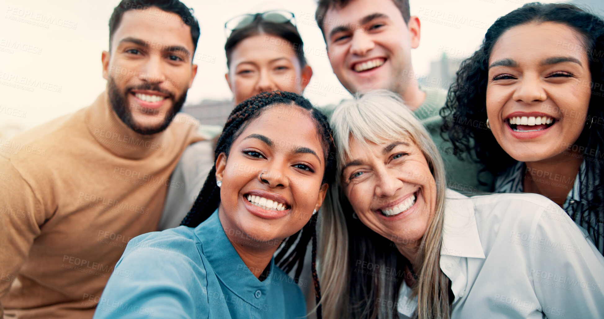 Buy stock photo Memories, selfie and smile of business people in city together for collaboration, unity or solidarity. Creative, friends and social media with employee group outdoor in urban town for design career