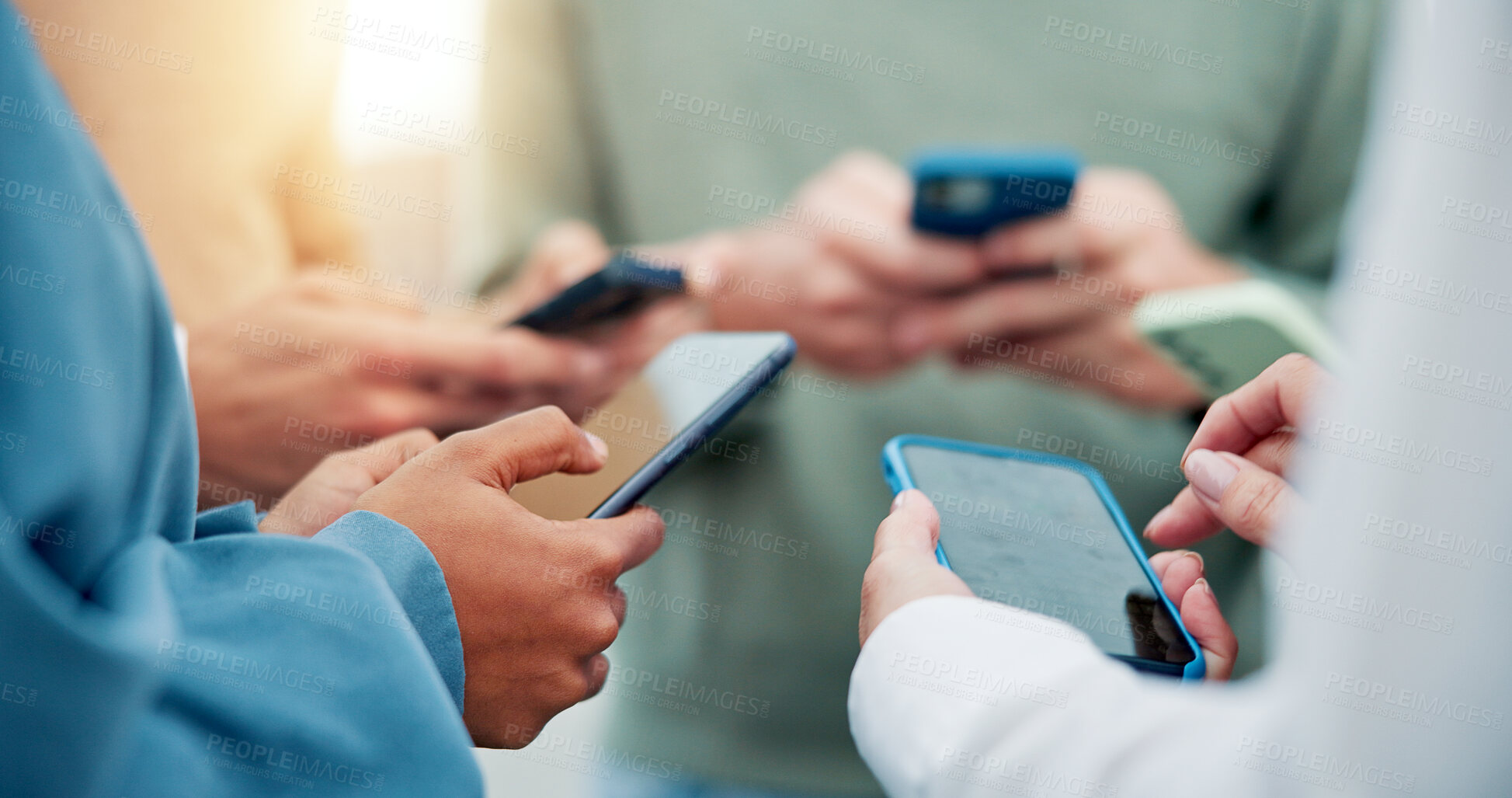 Buy stock photo Community, phone and circle with hands of business people for connection, teamwork and share post link. Networking, online and coworking with group of employees for communication, app and synergy