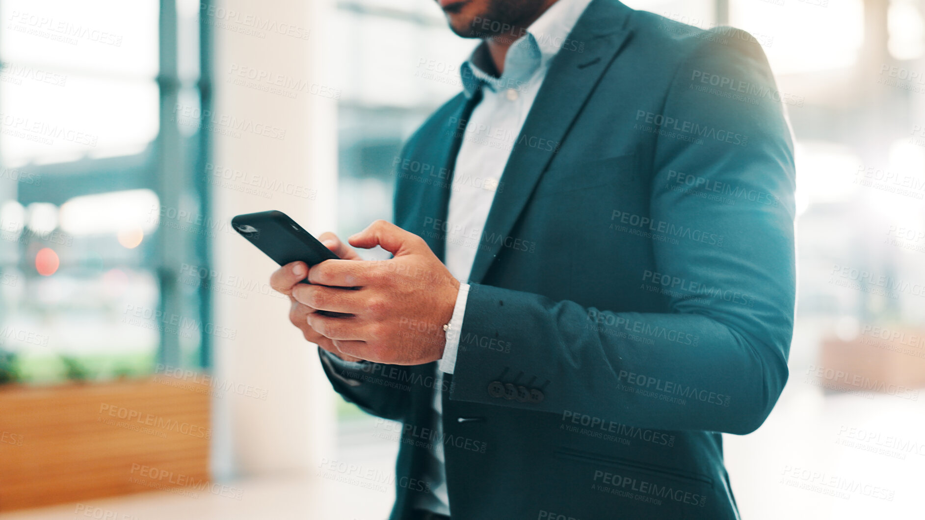 Buy stock photo Business, hands and phone with man in office for app, communication or social media browsing. Contact, internet and search with employee person typing on mobile for chat, information or update