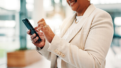 Buy stock photo Business, hands and phone with woman in office for app, communication or social media browsing. Contact, internet and research with employee person typing on mobile for chat, information or update