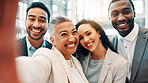 Business, people and selfie portrait with smile for financial expo, corporate memory and social media post. Professional, employees and happy with photography at global conference for profile picture