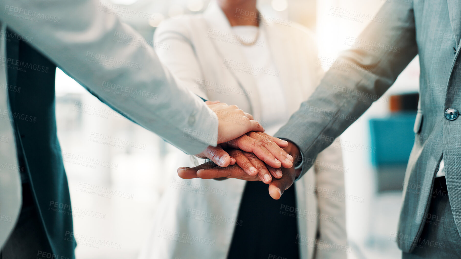 Buy stock photo Stack of hands, teamwork and business people in office with collaboration, achievement or unity. Solidarity, goals and corporate staff together for synergy, support or partnership in workplace.