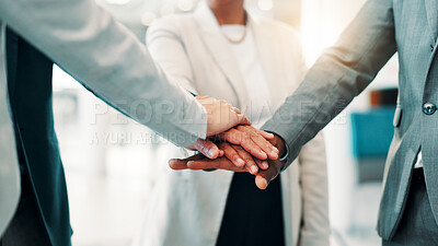 Buy stock photo Stack of hands, solidarity and business people in office with collaboration, achievement or unity. Teamwork, diversity and corporate staff together for synergy, support or partnership in workplace.