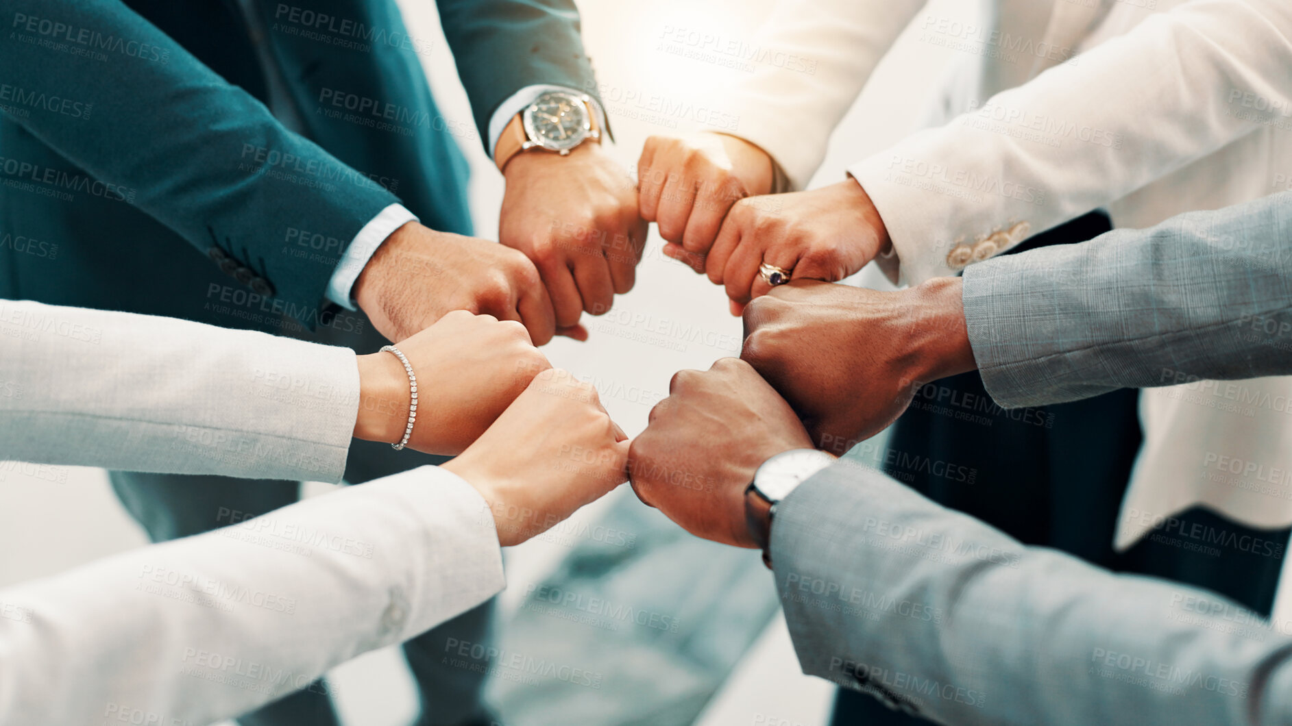 Buy stock photo Fist bump, hands and business people in huddle for support, mission and team cooperation in circle. Corporate community, solidarity or synergy with group for partnership, agreement and deal together