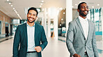 Happy, businessmen and walking in office building for start, career opportunity or job together. Male people, employees or colleagues with smile in joy for future development or business connection