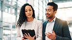 Meeting, office and business people on tablet for online project, collaboration and discussion. Professional, corporate team and man and woman on digital tech for research, website and proposal
