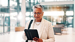 Lobby, office and business woman on tablet for company communication, connection and research. Professional, corporate and person walking on digital tech for contact, online website or b2b networking