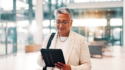 Buy stock photo Lobby, office and business woman on tablet for company communication, connection and research. Professional, corporate and person walking on digital tech for contact, online website or B2B networking