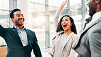 Business people, excited and high five in office for achievement, coworker support or collaboration. Happy, finance team or hand gesture in agency for celebration, synergy and completed project