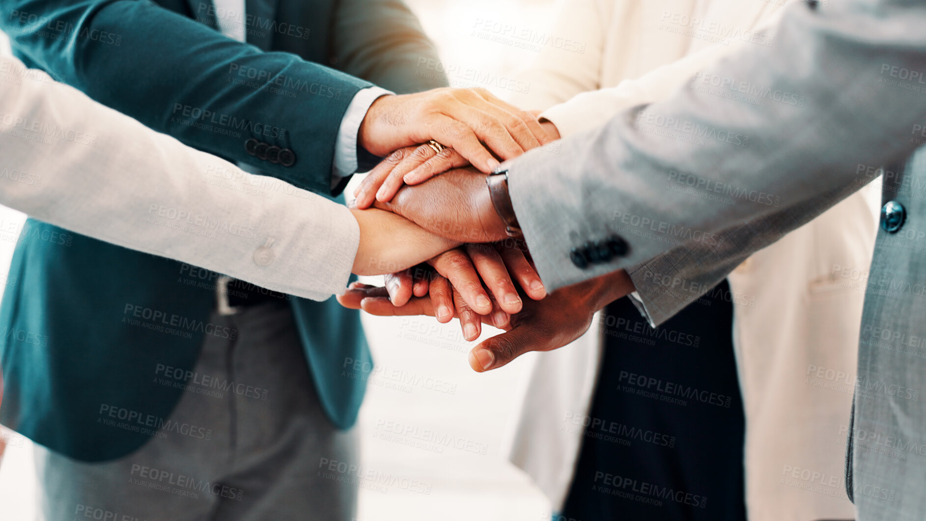 Buy stock photo Stack of hands, support and business people in office with collaboration, achievement or unity. Solidarity, diversity and corporate staff together for synergy, teamwork or partnership in workplace.