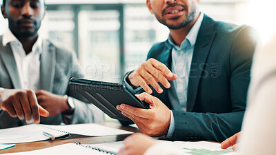 Buy stock photo Meeting, office and hands of business people with tablet for online project, collaboration and discussion. Professional, corporate team and workers on digital tech for research, website and proposal