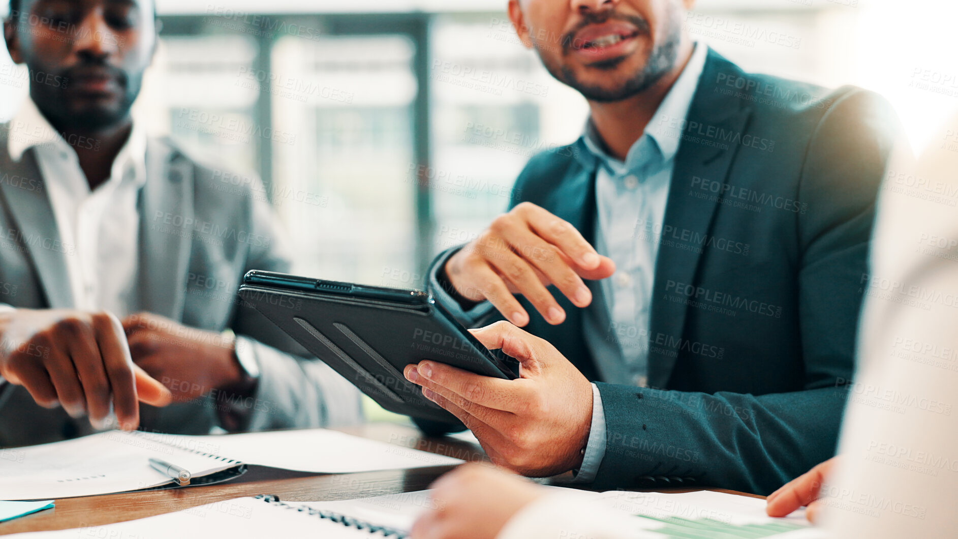 Buy stock photo Meeting, office and hands of business people with tablet for online project, collaboration and discussion. Professional, corporate team and workers on digital tech for research, website and proposal