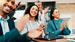 Clapping hands, meeting and business people in office with achievement, presentation or target. Happy, cheering and team of financial managers with applause for good news on company investment.