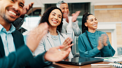 Buy stock photo Clapping hands, meeting and business people in office with achievement, presentation or target. Happy, cheering and team of financial managers with applause for good news on company investment.