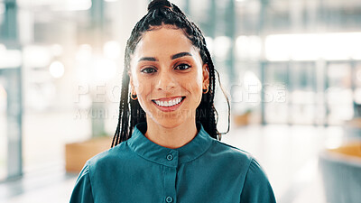 Buy stock photo Portrait, business and woman with smile in office for bookkeeping, about us and accountant. Happy, female person and company consultant with financial experience, career ambition and asset management