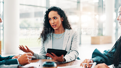 Buy stock photo Meeting, woman and business people with tablet for online project, collaboration and discussion. Professional, corporate team and workers on digital tech for research report, website and proposal