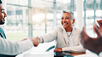 Applause, handshake and business woman with meeting, support and achievement celebration in office. People, collaboration and clapping hands for good news, partnership and feedback for winner goals