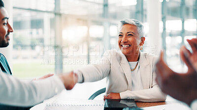 Buy stock photo Applause, handshake and business woman with meeting, support and achievement celebration in office. People, collaboration and clapping hands for good news, partnership and feedback for winner goals