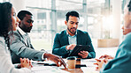 Business, people or meeting with tablet for planning, campaign management or project feedback in office. Company team, man leader or paperwork at tech for brainstorming, finance review or information