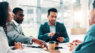 Buy stock photo Business, people or meeting with tablet for planning, campaign management or project feedback in office. Company team, man leader or paperwork at tech for brainstorming, finance review or information