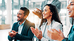 Clapping hands, presentation and business people in office with achievement, meeting or target. Happy, cheering and team of financial managers with applause for good news on company investment.