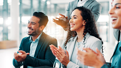 Buy stock photo Clapping hands, presentation and business people in office with achievement, meeting or target. Happy, cheering and team of financial managers with applause for good news on company investment.