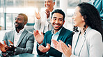 Clapping hands, happy and business people in office with presentation for achievement, meeting or target. Win, cheering and team of finance managers with applause for good news on company investment.
