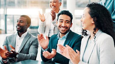 Buy stock photo Clapping hands, happy and business people in office with presentation for achievement, meeting or target. Win, cheering and team of finance managers with applause for good news on company investment.