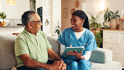 Buy stock photo Nurse, senior man and tablet on sofa with smile for wellness, medical update and report in lounge. Woman, caregiver and elderly patient on couch with digital touchscreen, app and healthcare results