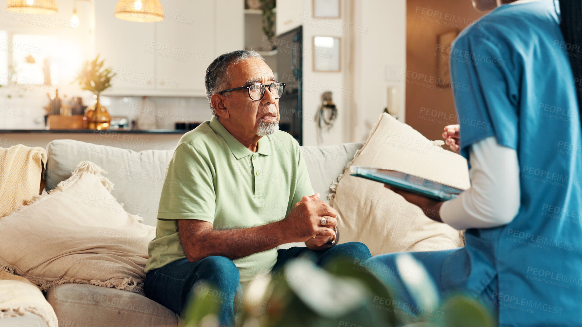 Buy stock photo Nurse, senior man and tablet in retirement for report with medical results, feedback or stress for bad news. Caregiver, elderly person and worry with digital touchscreen, app or consultation in home