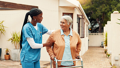 Buy stock photo Nurse, senior woman and outdoor with walker, help and support for recovery with injury at retirement village. Caregiver, elderly patient or person with disability with steps, frame and rehabilitation