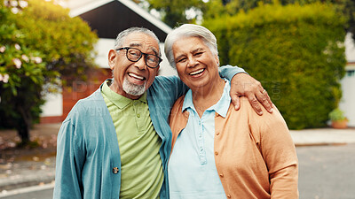 Buy stock photo Senior couple, portrait and smile outdoor for fresh air, retirement support and bonding together. Elderly people, happy and connection in neighborhood for romantic walk, marriage commitment and love