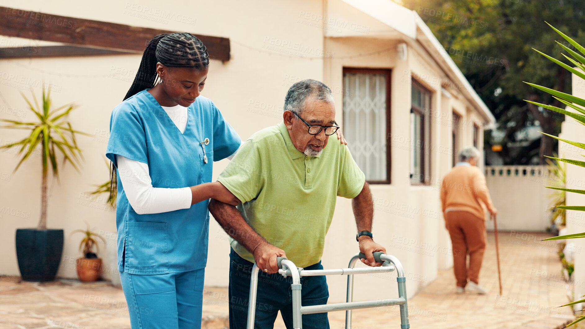 Buy stock photo Nurse, senior man and outdoor with walker, help and support for recovery with injury at retirement village. Caregiver, elderly patient or person with disability with steps, frame and rehabilitation