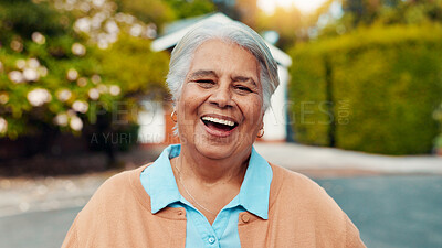 Buy stock photo Portrait, outdoor and senior woman at retirement home with laughing, happiness and relax on weekend. Smile, funny and face of elderly female person from Mexico in backyard of nursing facility.