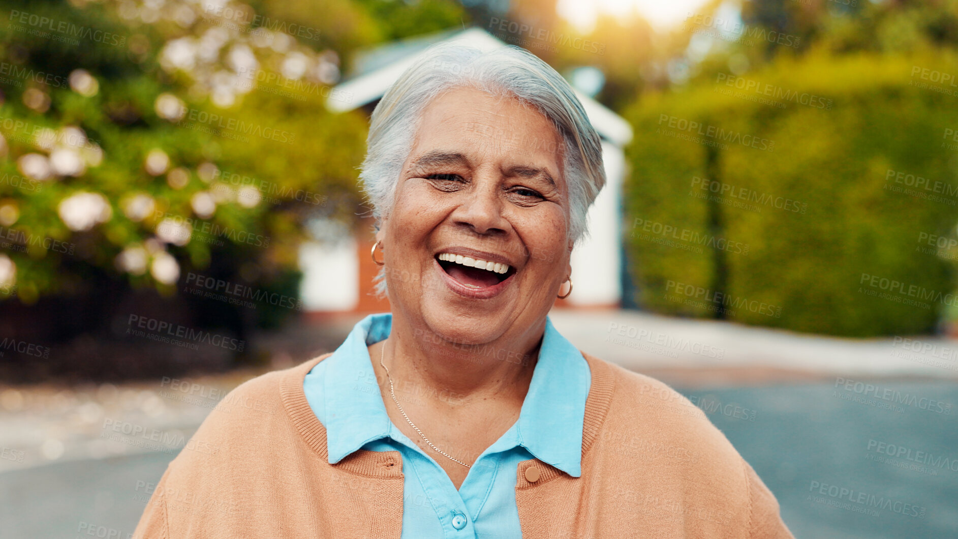 Buy stock photo Portrait, outdoor and senior woman at retirement home with laughing, happiness and relax on weekend. Smile, funny and face of elderly female person from Mexico in backyard of nursing facility.