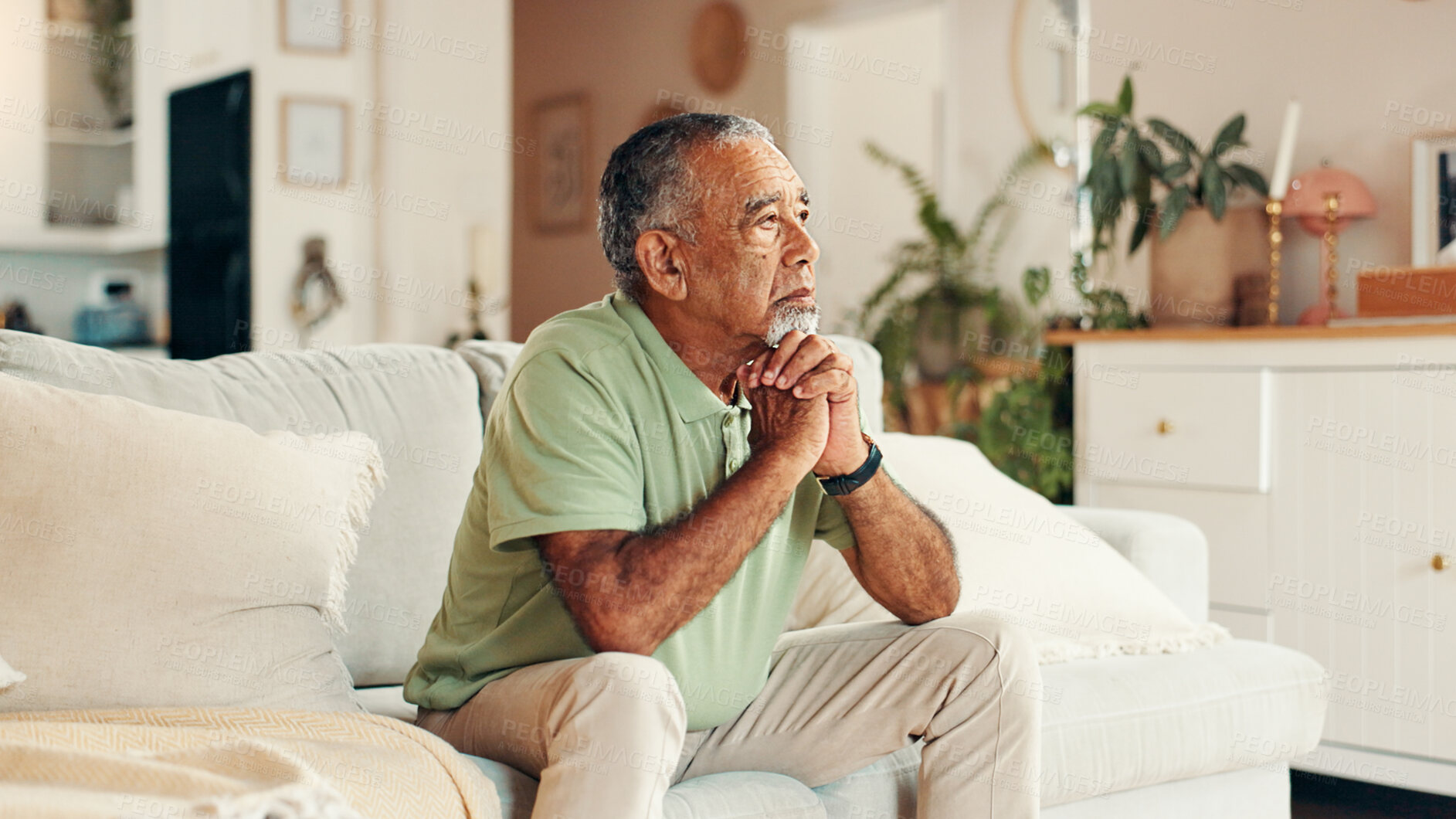 Buy stock photo Sad, senior man or thinking on sofa with retirement loneliness, regret decision and remember memory. Thoughtful, mental health or elderly person with depression in home for loss, reflection or stress