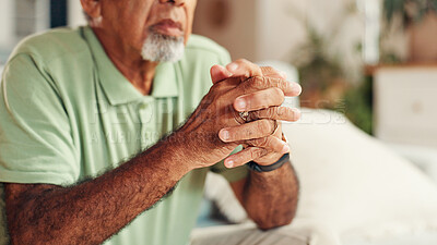 Buy stock photo Senior man, hands and thinking on sofa with anxiety for decision, doubt and contemplating retirement. Closeup, elderly person and nervous in home with dementia, disappointed and mental health stress