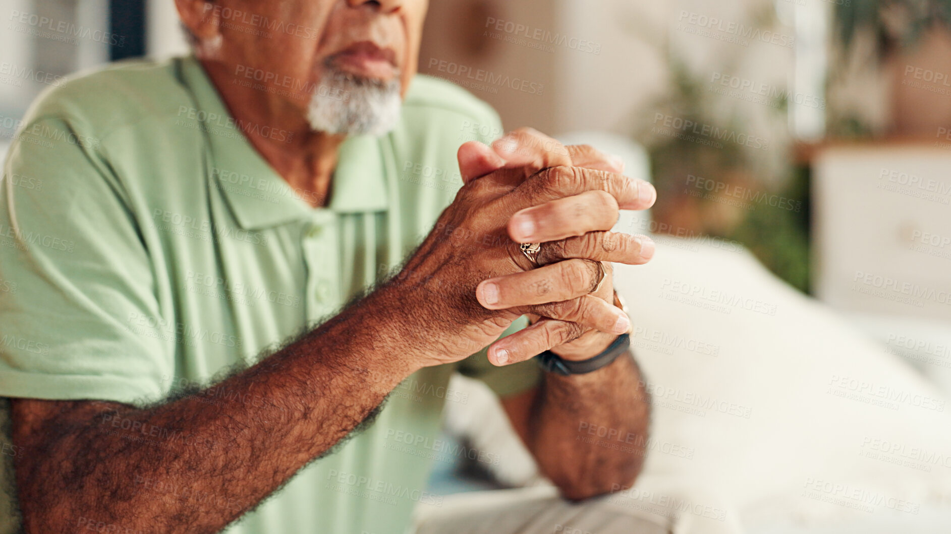 Buy stock photo Senior man, hands and thinking on sofa with anxiety for decision, doubt and contemplating retirement. Closeup, elderly person and nervous in home with dementia, disappointed and mental health stress