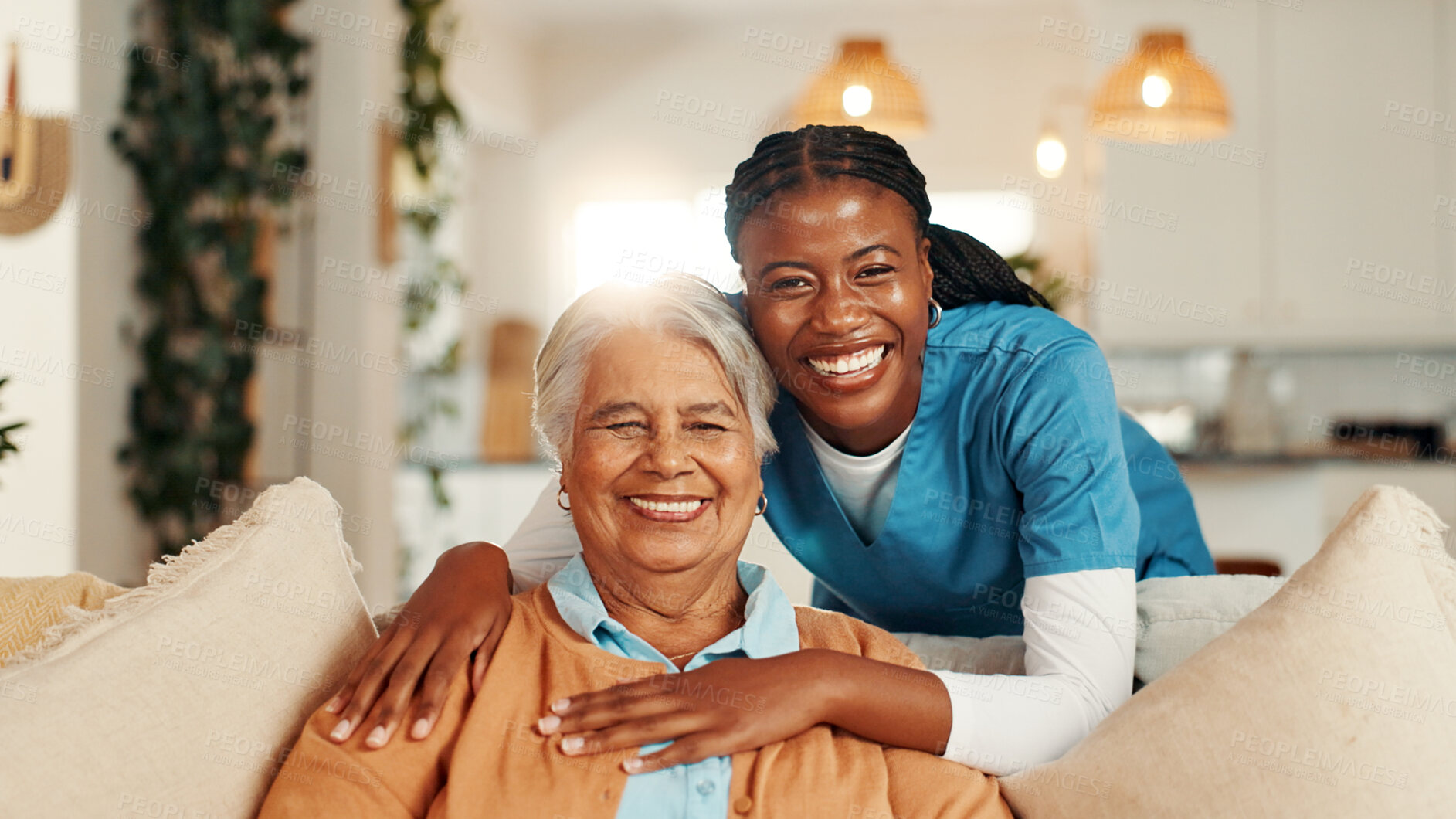 Buy stock photo Hugging, portrait and nurse with senior woman for comfort, support or care for good news. Happy, consultation and caregiver embracing elderly female patient on sofa in living room at nursing home.