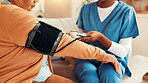Senior woman, nursing home and blood pressure check with nurse, medical care and health exam on arm. Living room, diagnosis and conversation with healthcare, wellness support and monitoring or test