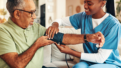 Buy stock photo Senior man, nursing home and blood pressure check with nurse, medical care and health exam on arm. Living room, diagnosis and conversation with healthcare, wellness support and monitoring or test