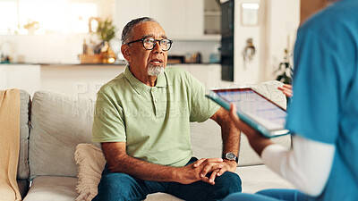 Buy stock photo Tablet, discussion and elderly man with nurse for medical test results on sofa in home. Digital tech, conversation and caregiver explain with senior patient, diagnosis and assisted living at house