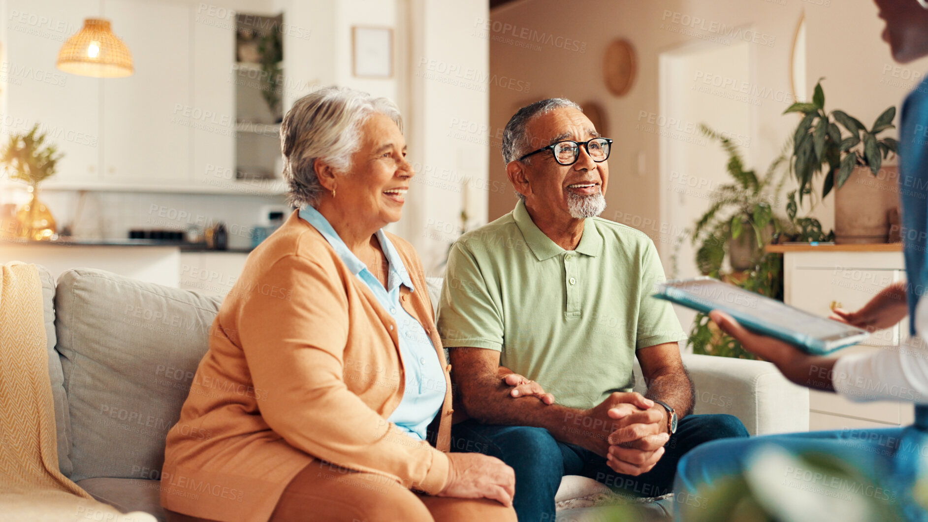 Buy stock photo Nurse, senior couple and tablet on couch for report with medical results, feedback and happy for good news. Caregiver, elderly man and woman with digital touchscreen, app or consultation in home