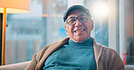 Elderly man, smile and portrait on sofa for relax, comfort and glasses in retirement. Senior person, wellness and laugh in home living room with prescription eyewear, pensioner and happy for vision