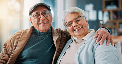 Buy stock photo Senior couple, portrait and love in home with smile, bonding and healthy relationship in retirement. Elderly man, mature wife and hug in living room with commitment, relax and support in marriage